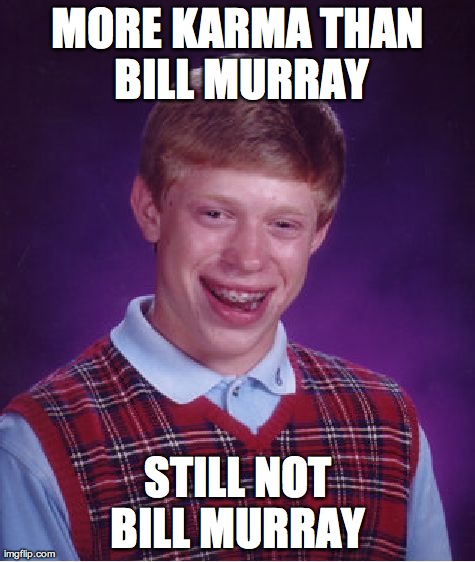 Bad Luck Brian | MORE KARMA THAN BILL MURRAY STILL NOT BILL MURRAY | image tagged in memes,bad luck brian,AdviceAnimals | made w/ Imgflip meme maker