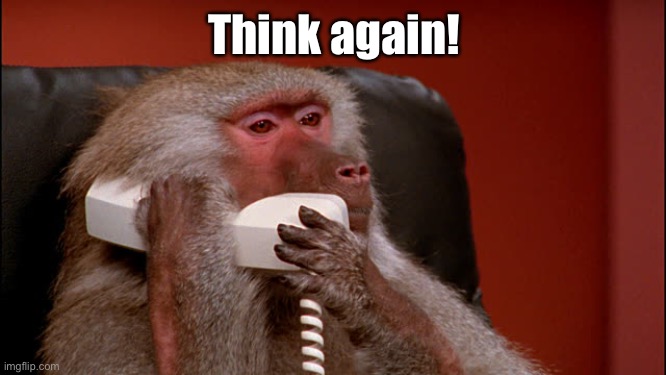 Baboon phone | Think again! | image tagged in baboon phone | made w/ Imgflip meme maker