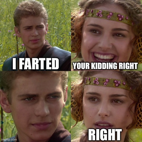 Anakin Padme 4 Panel | I FARTED; YOUR KIDDING RIGHT; RIGHT | image tagged in anakin padme 4 panel | made w/ Imgflip meme maker
