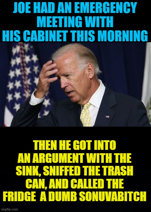 C'mon Man! | JOE HAD AN EMERGENCY MEETING WITH HIS CABINET THIS MORNING; THEN HE GOT INTO AN ARGUMENT WITH THE SINK, SNIFFED THE TRASH CAN, AND CALLED THE FRIDGE  A DUMB SONUVABITCH | image tagged in joe biden worries,black background | made w/ Imgflip meme maker