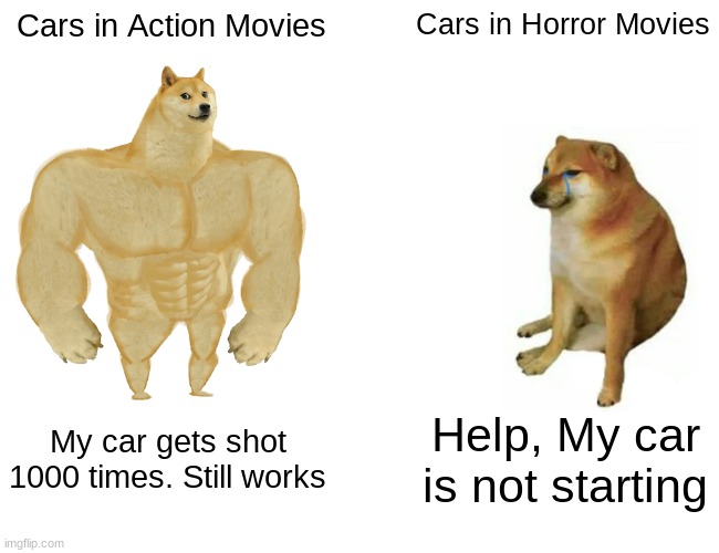 Buff Doge vs. Cheems Meme | Cars in Action Movies; Cars in Horror Movies; My car gets shot 1000 times. Still works; Help, My car is not starting | image tagged in memes,buff doge vs cheems | made w/ Imgflip meme maker