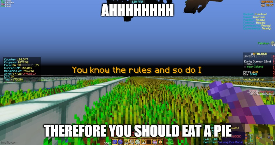 Rick roll, hypixel variation | AHHHHHHHH; THEREFORE YOU SHOULD EAT A PIE | image tagged in rick roll hypixel variation | made w/ Imgflip meme maker
