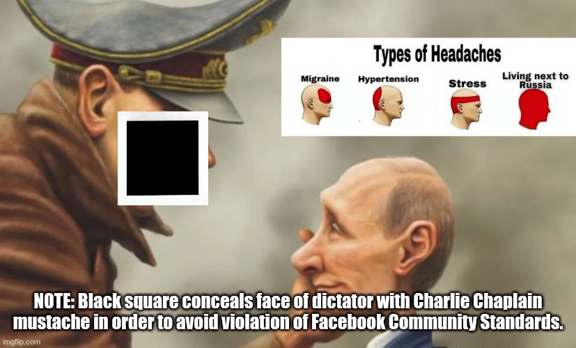 To spare the easily offended | NOTE: Black square conceals face of dictator with Charlie Chaplain mustache in order to avoid violation of Facebook Community Standards. | image tagged in ukraine,vladimir putin,censorship,political correctness | made w/ Imgflip meme maker