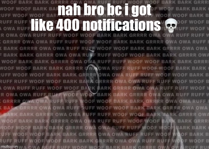 my whole account broke when i loggen in bru | nah bro bc i got like 400 notifications 💀 | image tagged in woof bark bark grrrr owa owa ruff ruff | made w/ Imgflip meme maker
