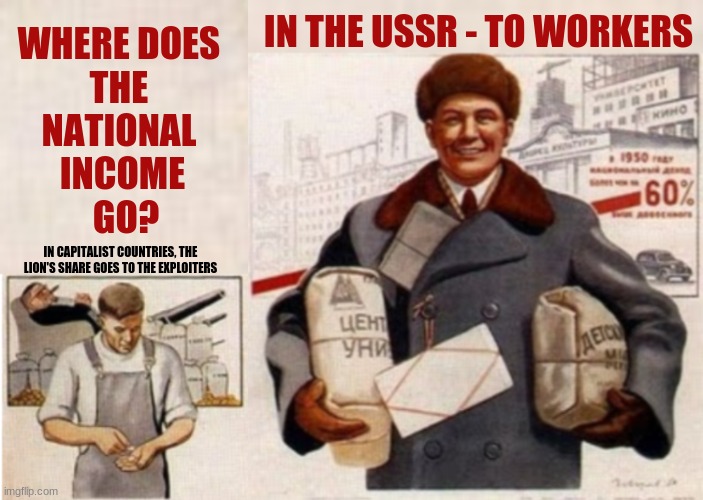 USSR Propaganda replica | IN THE USSR - TO WORKERS; WHERE DOES 
THE 
NATIONAL 
INCOME
 GO? IN CAPITALIST COUNTRIES, THE LION'S SHARE GOES TO THE EXPLOITERS | image tagged in ussr,soviet union,soviet russia,soviet,communism,propaganda | made w/ Imgflip meme maker