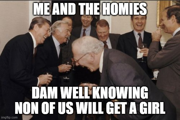 homies | ME AND THE HOMIES; DAM WELL KNOWING NON OF US WILL GET A GIRL | image tagged in memes,laughing men in suits | made w/ Imgflip meme maker
