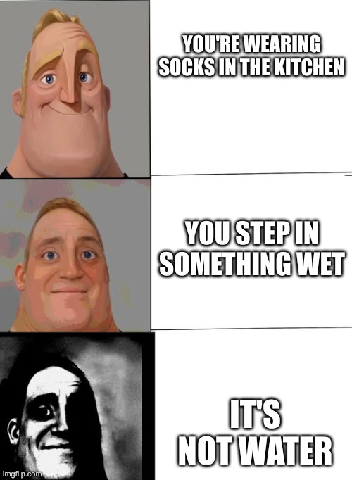 It's not water | YOU'RE WEARING SOCKS IN THE KITCHEN; YOU STEP IN SOMETHING WET; IT'S NOT WATER | image tagged in mr incredible becoming uncanny | made w/ Imgflip meme maker