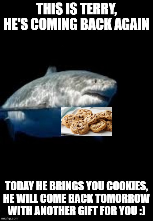 let's give him a welcome back | THIS IS TERRY, HE'S COMING BACK AGAIN; TODAY HE BRINGS YOU COOKIES, HE WILL COME BACK TOMORROW WITH ANOTHER GIFT FOR YOU :) | image tagged in terry the fat shark template | made w/ Imgflip meme maker