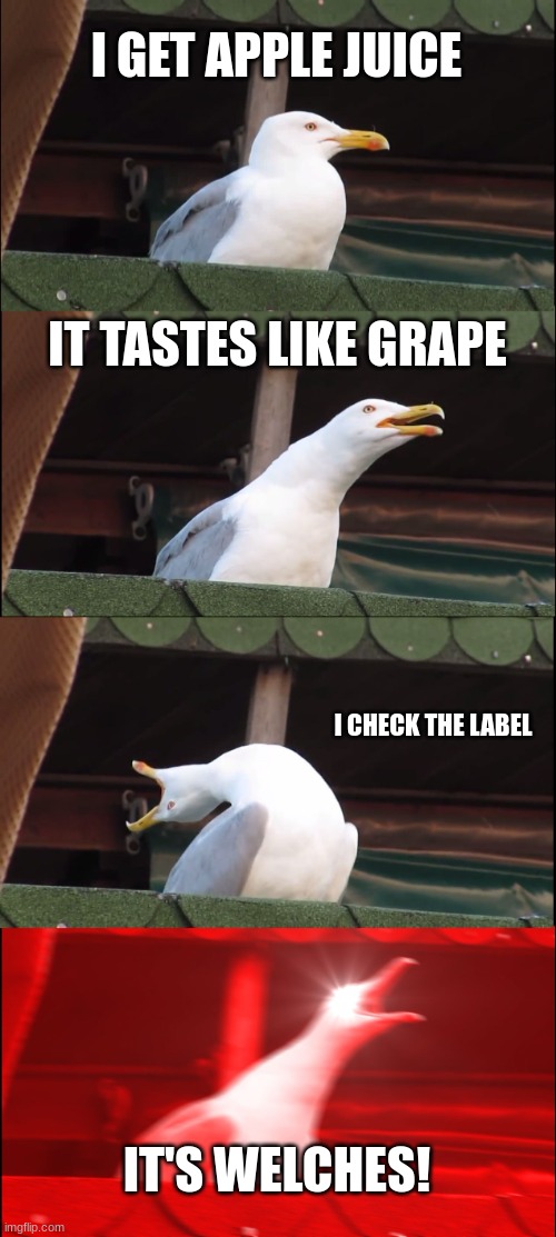 APPLE JUICE | I GET APPLE JUICE; IT TASTES LIKE GRAPE; I CHECK THE LABEL; IT'S WELCHES! | image tagged in memes,inhaling seagull | made w/ Imgflip meme maker