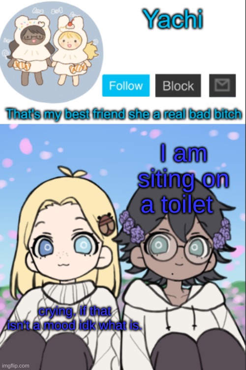 E | I am siting on a toilet; crying. if that isn't a mood idk what is. | image tagged in yachi's yachi and cinna temp | made w/ Imgflip meme maker