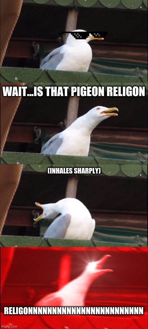 Religious Seagull | WAIT...IS THAT PIGEON RELIGON; (INHALES SHARPLY); RELIGONNNNNNNNNNNNNNNNNNNNNNNN | image tagged in memes,inhaling seagull | made w/ Imgflip meme maker