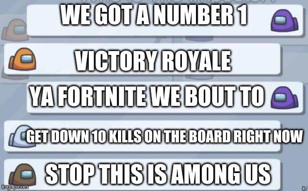 among us x fortnite | WE GOT A NUMBER 1; VICTORY ROYALE; YA FORTNITE WE BOUT TO; GET DOWN 10 KILLS ON THE BOARD RIGHT NOW; STOP THIS IS AMONG US | image tagged in among us chat | made w/ Imgflip meme maker