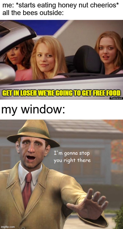 me: *starts eating honey nut cheerios*
all the bees outside:; GET IN LOSER WE'RE GOING TO GET FREE FOOD; my window: | image tagged in get in loser,im gonna stop you right there | made w/ Imgflip meme maker