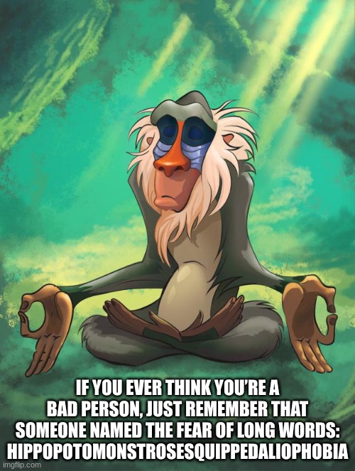 You're not the worst person in the world. | IF YOU EVER THINK YOU’RE A BAD PERSON, JUST REMEMBER THAT SOMEONE NAMED THE FEAR OF LONG WORDS: HIPPOPOTOMONSTROSESQUIPPEDALIOPHOBIA | image tagged in rafiki wisdom | made w/ Imgflip meme maker