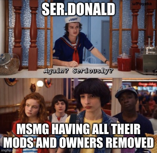 again? seriously? | SER.DONALD; MSMG HAVING ALL THEIR MODS AND OWNERS REMOVED | image tagged in again seriously | made w/ Imgflip meme maker