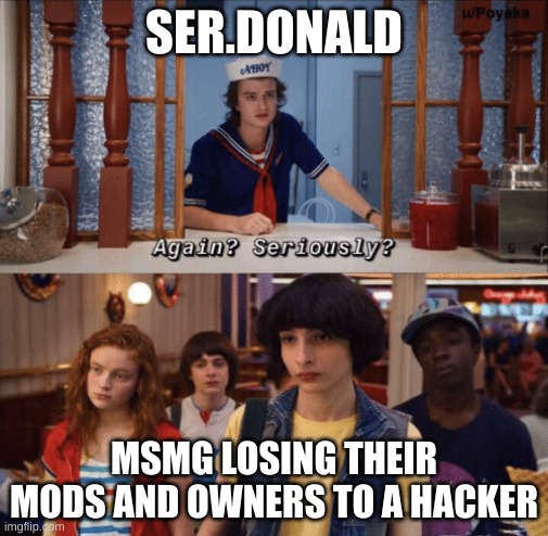 again? seriously? | SER.DONALD; MSMG LOSING THEIR MODS AND OWNERS TO A HACKER | image tagged in again seriously | made w/ Imgflip meme maker