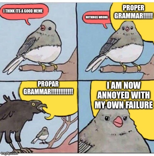 annoyed bird | I THINK ITS A GOOD MEME NOTHINGS WRONG PROPER GRAMMAR!!!!! PROPAR GRAMMAR!!!!!!!!!!!! I AM NOW ANNOYED WITH MY OWN FAILURE | image tagged in annoyed bird | made w/ Imgflip meme maker