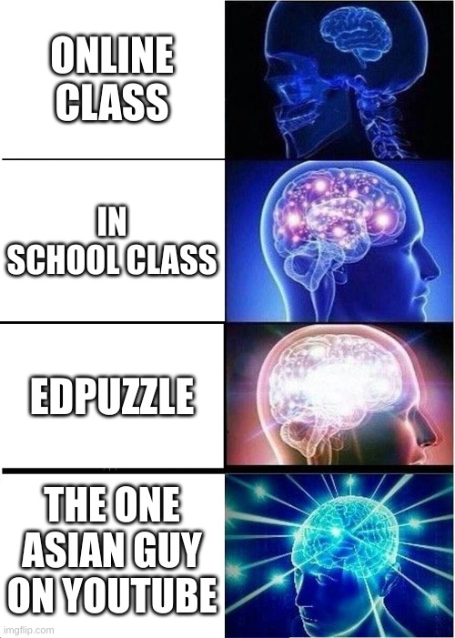 true | ONLINE CLASS; IN SCHOOL CLASS; EDPUZZLE; THE ONE ASIAN GUY ON YOUTUBE | image tagged in memes,expanding brain | made w/ Imgflip meme maker