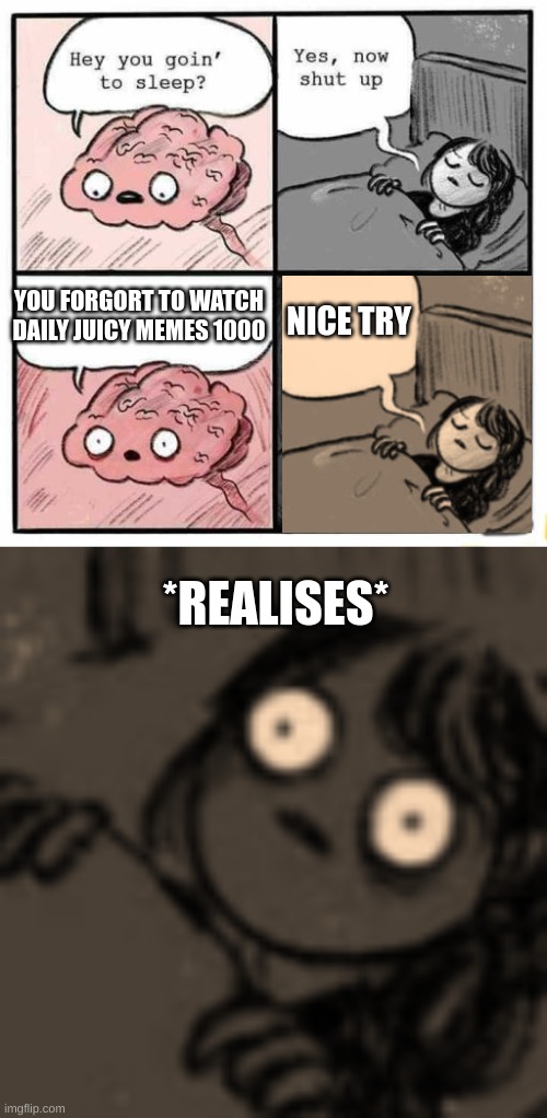 i really love this meme | NICE TRY; YOU FORGORT TO WATCH DAILY JUICY MEMES 1000; *REALISES* | image tagged in hey you going to sleep | made w/ Imgflip meme maker