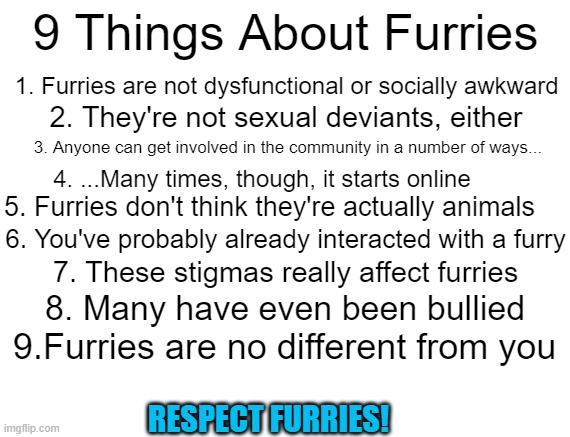 RESPECT FURRIES | 9 Things About Furries; 1. Furries are not dysfunctional or socially awkward; 2. They're not sexual deviants, either; 3. Anyone can get involved in the community in a number of ways... 4. ...Many times, though, it starts online; 5. Furries don't think they're actually animals; 6. You've probably already interacted with a furry; 7. These stigmas really affect furries; 8. Many have even been bullied; 9.Furries are no different from you; RESPECT FURRIES! | image tagged in furry | made w/ Imgflip meme maker