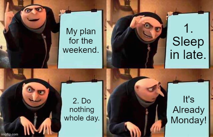 Weekend Plan | My plan for the weekend. 1. Sleep in late. 2. Do nothing whole day. It's Already Monday! | image tagged in memes,gru's plan | made w/ Imgflip meme maker