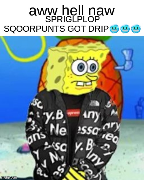 I hate life... | SPRIGLPLOP SQOORPUNTS GOT DRIP🥶🥶🥶; aww hell naw | image tagged in drip | made w/ Imgflip meme maker