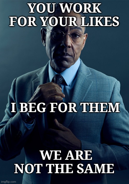 Beggars can't be choosers | YOU WORK FOR YOUR LIKES; I BEG FOR THEM; WE ARE NOT THE SAME | image tagged in gus fring we are not the same,dank,lol,spicy,funny,fun | made w/ Imgflip meme maker