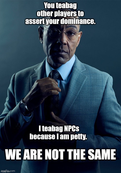 Petty Professional | You teabag other players to assert your dominance. I teabag NPCs because I am petty. | image tagged in we are not the same | made w/ Imgflip meme maker