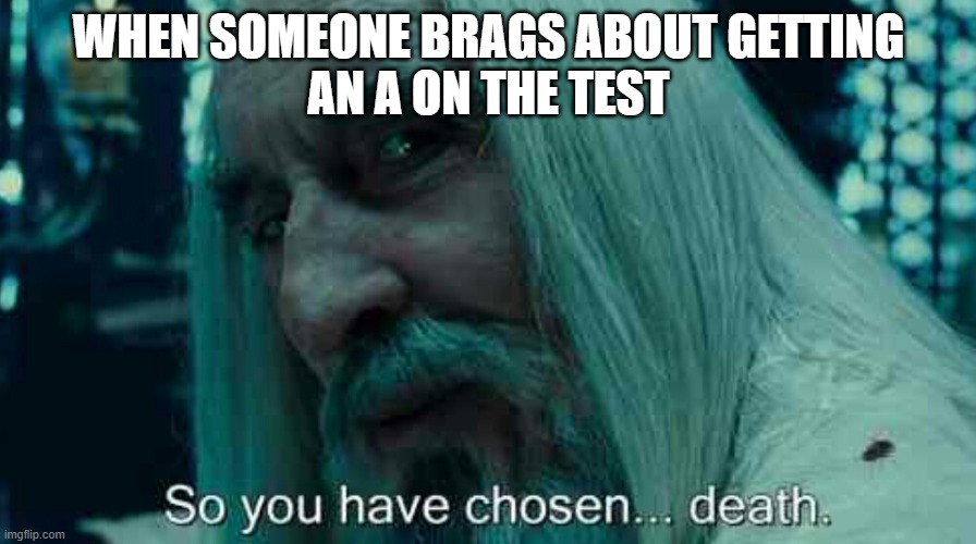 So you have chosen death | WHEN SOMEONE BRAGS ABOUT GETTING
AN A ON THE TEST | image tagged in so you have chosen death | made w/ Imgflip meme maker