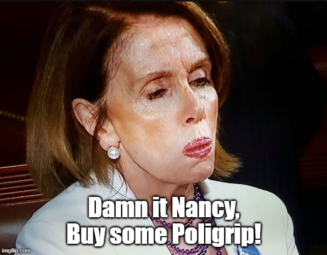 get some PolyGrip | Damn it Nancy, Buy some Poligrip! | image tagged in nancy pelosi pb sandwich | made w/ Imgflip meme maker