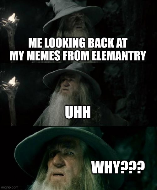 Confused Gandalf | ME LOOKING BACK AT MY MEMES FROM ELEMANTRY; UHH; WHY??? | image tagged in memes,confused gandalf | made w/ Imgflip meme maker