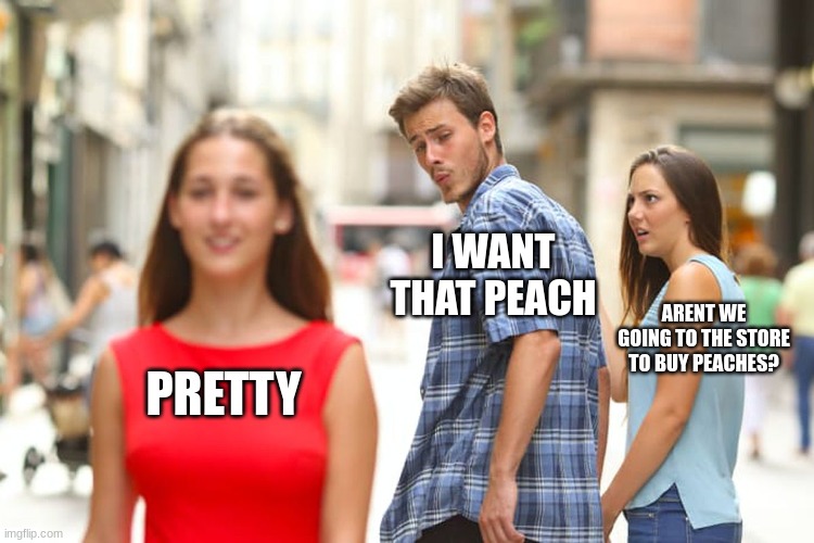 Distracted Boyfriend | I WANT THAT PEACH; ARENT WE GOING TO THE STORE TO BUY PEACHES? PRETTY | image tagged in memes,distracted boyfriend | made w/ Imgflip meme maker