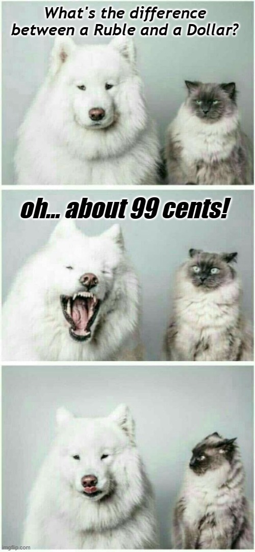 Ruble versus Dollar dad joke | What's the difference between a Ruble and a Dollar? oh... about 99 cents! | image tagged in dad joke | made w/ Imgflip meme maker