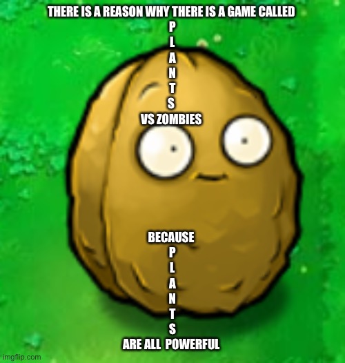 Wall-Nut | THERE IS A REASON WHY THERE IS A GAME CALLED 
P
L
A
N
T
S 
VS ZOMBIES; BECAUSE 
P
L
A
N
T
S
ARE ALL  POWERFUL | image tagged in wall-nut | made w/ Imgflip meme maker