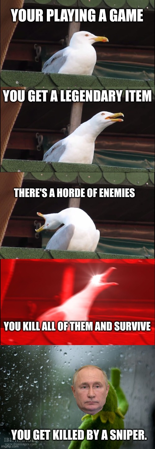 why is this so true | YOUR PLAYING A GAME; YOU GET A LEGENDARY ITEM; THERE'S A HORDE OF ENEMIES; YOU KILL ALL OF THEM AND SURVIVE; YOU GET KILLED BY A SNIPER. | image tagged in memes,inhaling seagull,kermit window | made w/ Imgflip meme maker