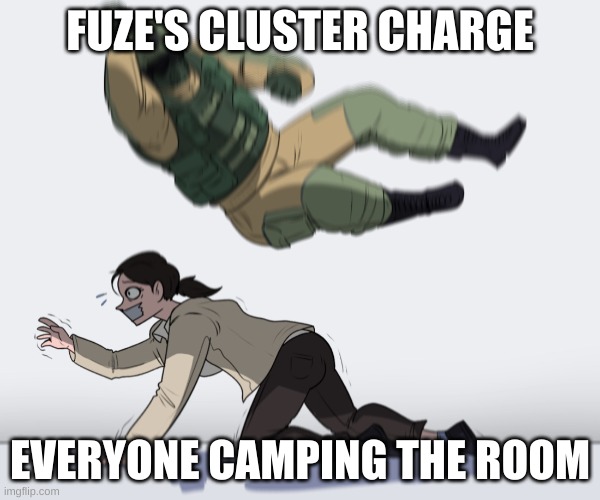 rainbo |  FUZE'S CLUSTER CHARGE; EVERYONE CAMPING THE ROOM | image tagged in rainbow six - fuze the hostage | made w/ Imgflip meme maker