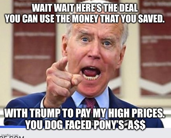 Joe Biden no malarkey | WAIT WAIT HERE’S THE DEAL 
YOU CAN USE THE MONEY THAT YOU SAVED. WITH TRUMP TO PAY MY HIGH PRICES. 
YOU DOG FACED PONY’S  A$$ | image tagged in joe biden no malarkey | made w/ Imgflip meme maker