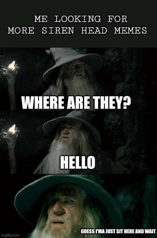 Confused Gandalf | ME LOOKING FOR MORE SIREN HEAD MEMES; WHERE ARE THEY? HELLO; GUESS I'MA JUST SIT HERE AND WAIT | image tagged in memes,confused gandalf | made w/ Imgflip meme maker