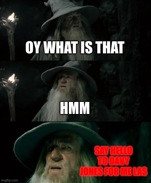 Confused Gandalf | OY WHAT IS THAT; HMM; SAY HELLO TO DAVY JONES FOR ME LAS | image tagged in memes,confused gandalf | made w/ Imgflip meme maker