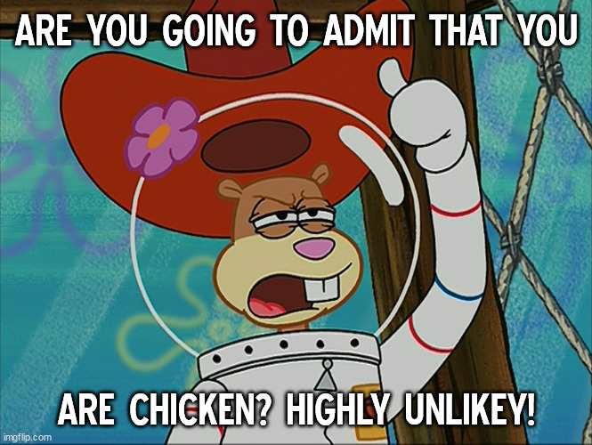 Are you going to admit that you are chicken? | ARE YOU GOING TO ADMIT THAT YOU; ARE CHICKEN? HIGHLY UNLIKEY! | image tagged in sandy cheeks - tough,memes,sandy cheeks cowboy hat,spongebob squarepants,squirrel | made w/ Imgflip meme maker