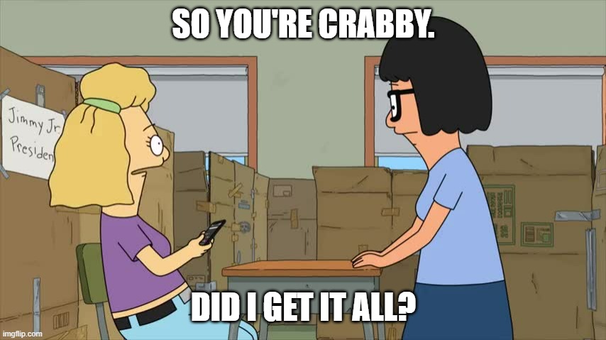So you're crabby | SO YOU'RE CRABBY. DID I GET IT ALL? | image tagged in bob's burgers | made w/ Imgflip meme maker