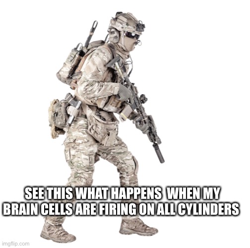Airsoft solider | SEE THIS WHAT HAPPENS  WHEN MY BRAIN CELLS ARE FIRING ON ALL CYLINDERS | image tagged in airsoft solider | made w/ Imgflip meme maker