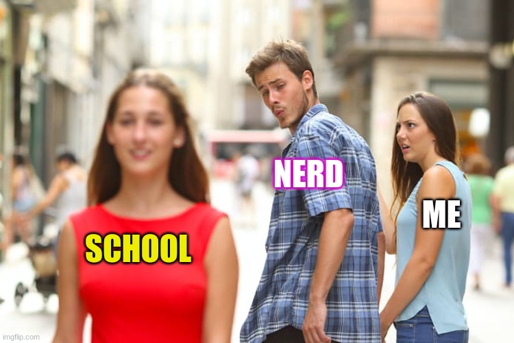 Distracted Boyfriend | NERD; ME; SCHOOL | image tagged in memes,distracted boyfriend | made w/ Imgflip meme maker