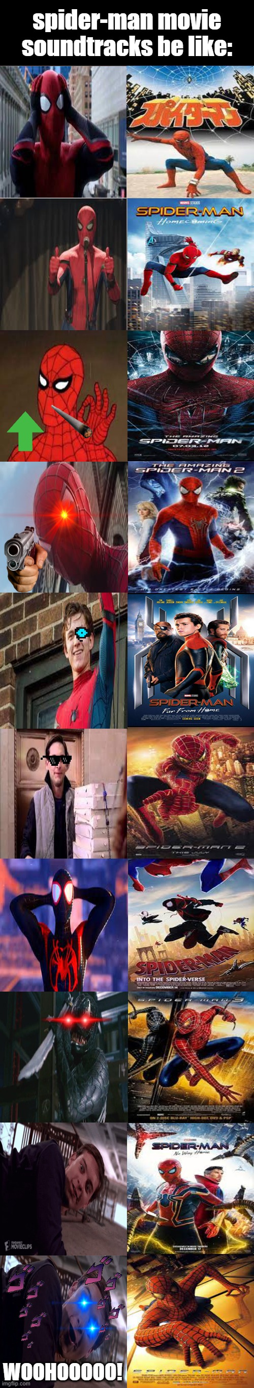 mr incredible becoming canny | spider-man movie soundtracks be like:; WOOHOOOOO! | image tagged in mr incredible becoming canny,spiderman,spider-man,spider man,movies,theme song | made w/ Imgflip meme maker