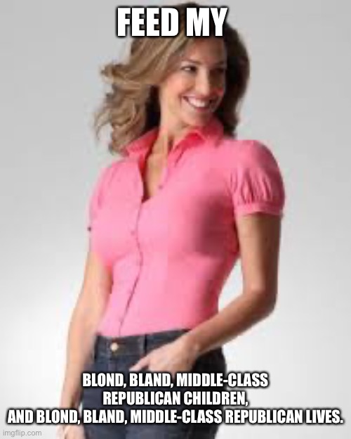 Volvo driving soccer mum | FEED MY; BLOND, BLAND, MIDDLE-CLASS REPUBLICAN CHILDREN,
AND BLOND, BLAND, MIDDLE-CLASS REPUBLICAN LIVES. | image tagged in oblivious suburban mom | made w/ Imgflip meme maker