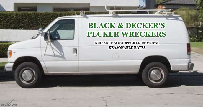 Big white van | BLACK & DECKER'S
PECKER WRECKERS; NUISANCE WOODPECKER REMOVAL
REASONABLE RATES | image tagged in big white van | made w/ Imgflip meme maker