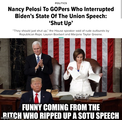 Pelosi should just shutup…and retire. | FUNNY COMING FROM THE BITCH WHO RIPPED UP A SOTU SPEECH | image tagged in nancy pelosi rips trump speech,nancy pelosi,nancy pelosi wtf,state of the union,liberal hypocrisy | made w/ Imgflip meme maker