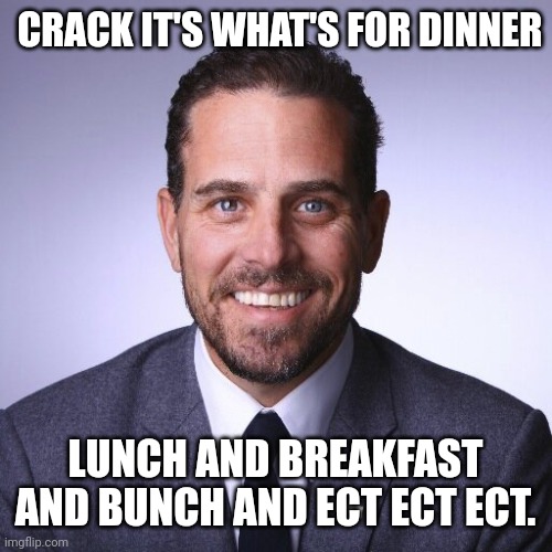 hunters daily diet | CRACK IT'S WHAT'S FOR DINNER; LUNCH AND BREAKFAST AND BUNCH AND ECT ECT ECT. | image tagged in hunter biden,crack | made w/ Imgflip meme maker