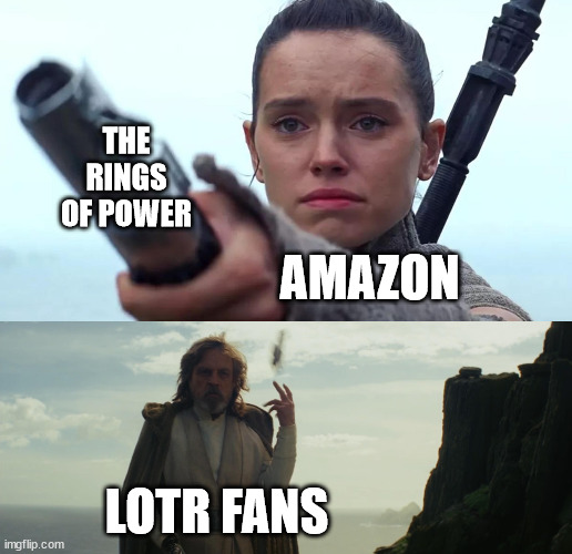Rey handing Luke his lightsaber | THE RINGS OF POWER; AMAZON; LOTR FANS | image tagged in rey handing luke his lightsaber | made w/ Imgflip meme maker