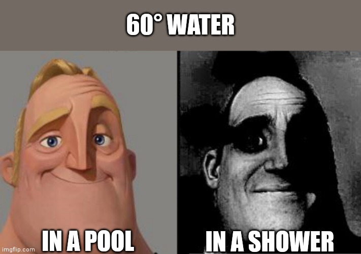 Traumatized Mr. Incredible | 60° WATER; IN A POOL; IN A SHOWER | image tagged in traumatized mr incredible | made w/ Imgflip meme maker